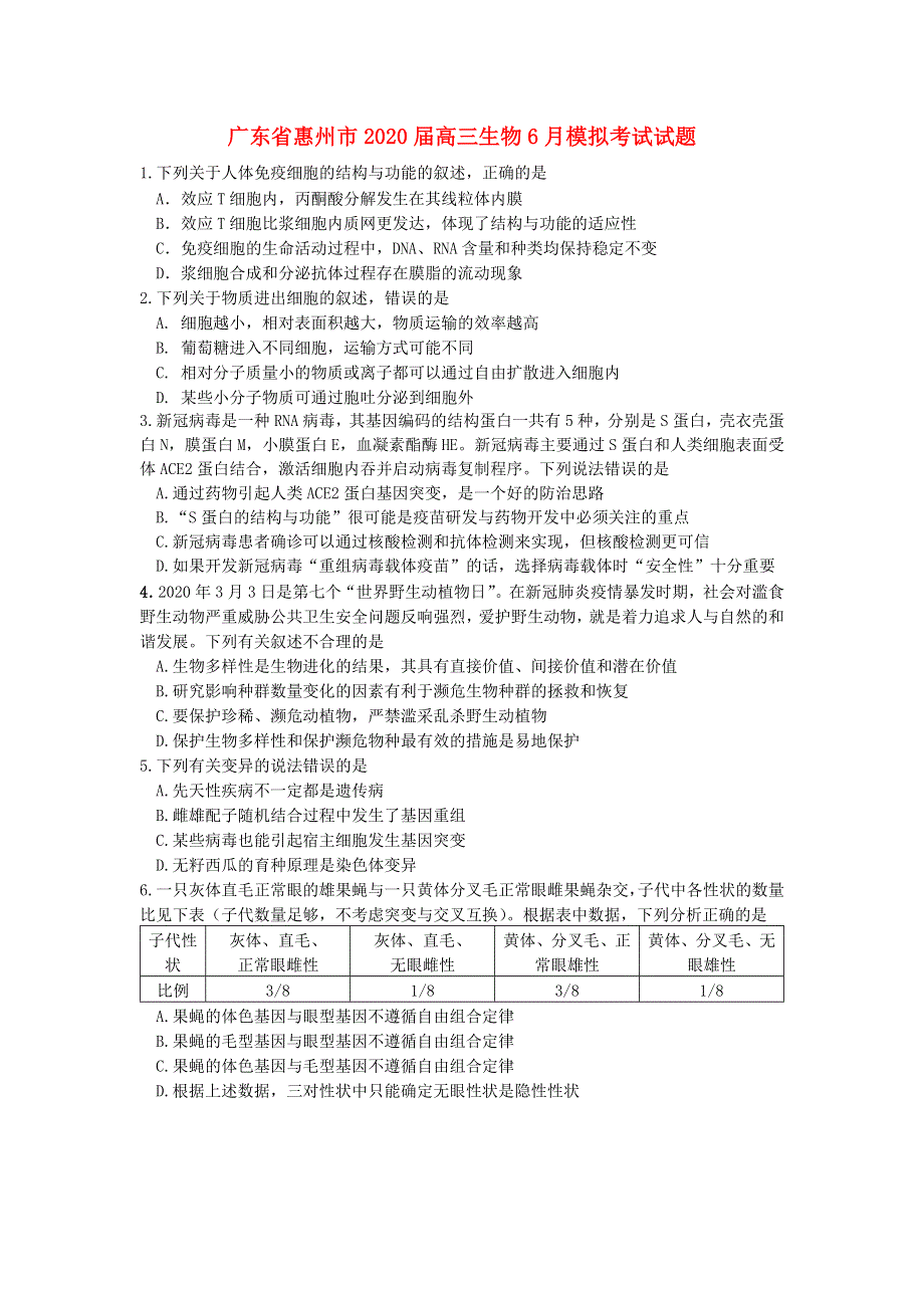 广东省惠州市2020届高三生物6月模拟考试试题.doc_第1页