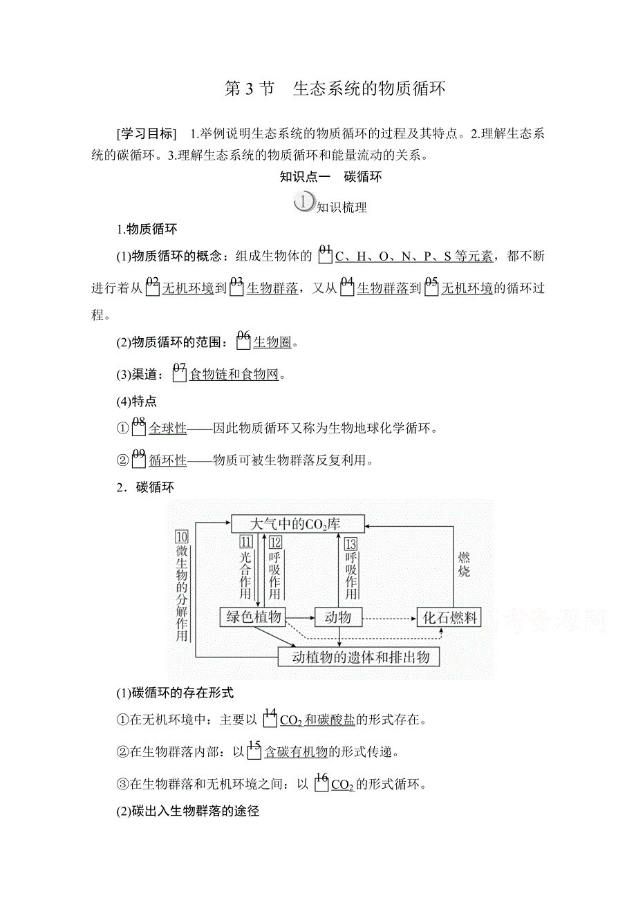 2020秋高二生物人教版必修3学案：第5章 第3节 生态系统的物质循环 WORD版含解析.doc_第1页