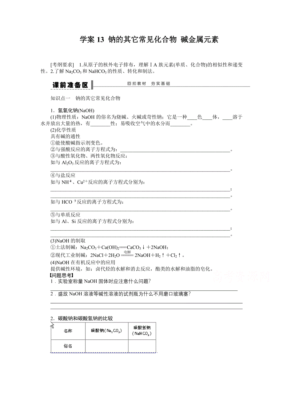 2016届高考化学总复习大一轮（人教版江苏专用） 学案13 第三章 常见的金属及其化合物 钠的其它常见化合物 碱金属元素.doc_第1页