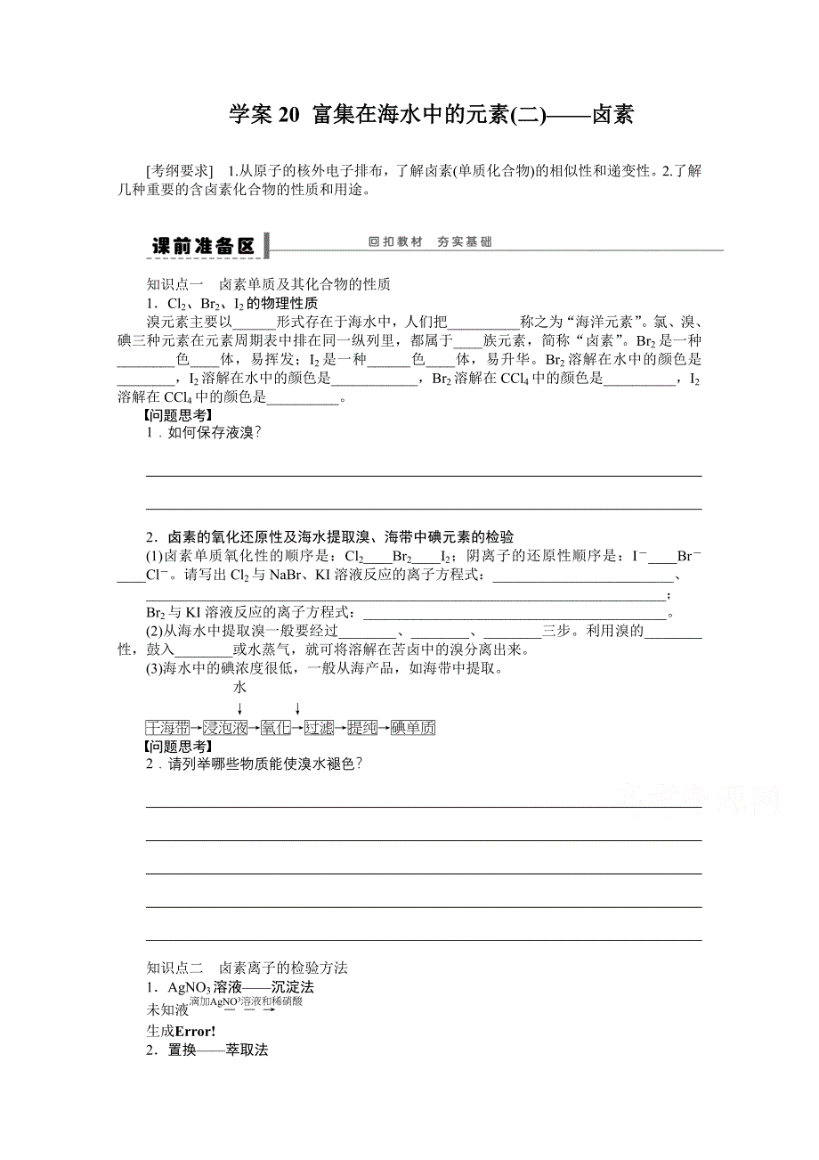 2016届高考化学总复习大一轮（人教版江苏专用） 学案20 第四章 常见的非金属及其化合物 富集在海水中的元素(二)——卤素.doc_第1页