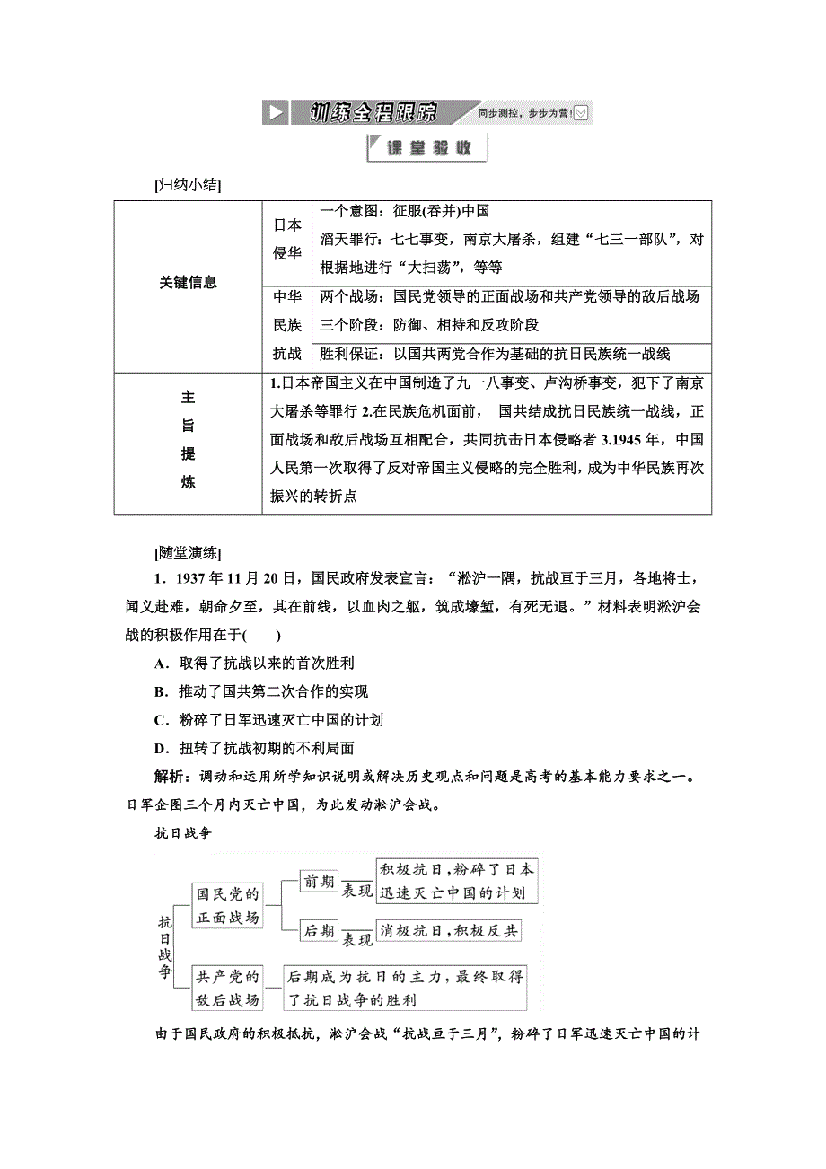 2012年高一历史同步课堂跟踪训练人民版必修1：专题二三《伟大的抗日战争》.doc_第1页