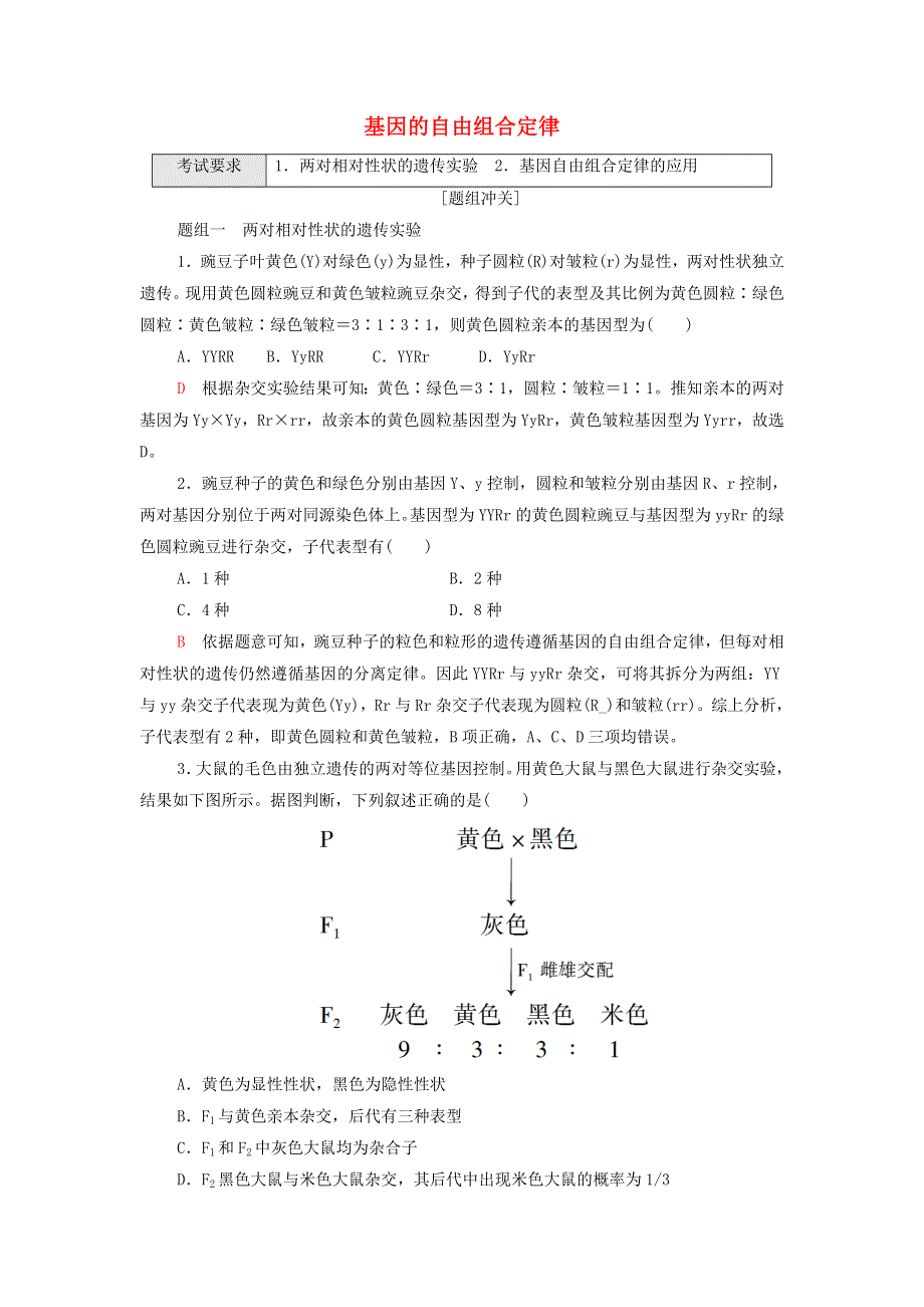 2022届高考生物一轮复习 考点练13 基因的自由组合定律（含解析）.doc_第1页