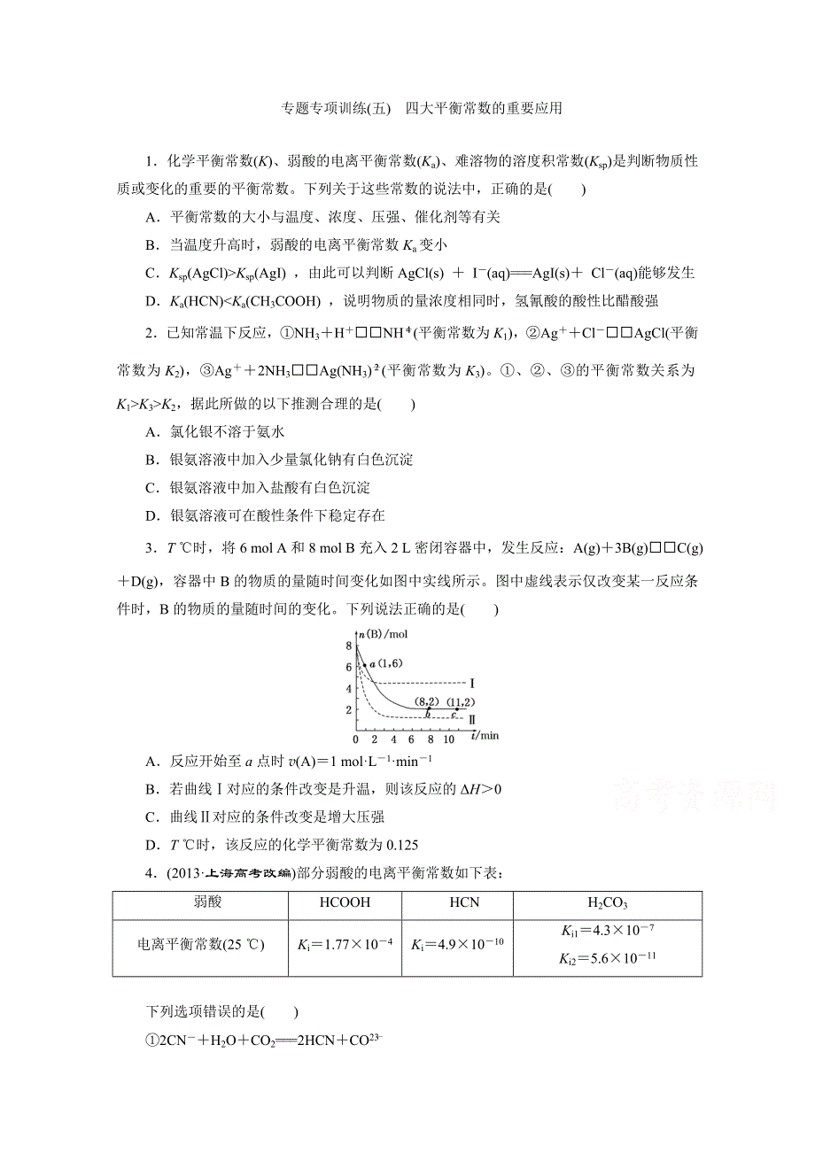 2016届高考化学第一轮复习模块二：第八章 水溶液中的离子平衡专题专项训练(五) 四大平衡常数的重要应用.doc_第1页