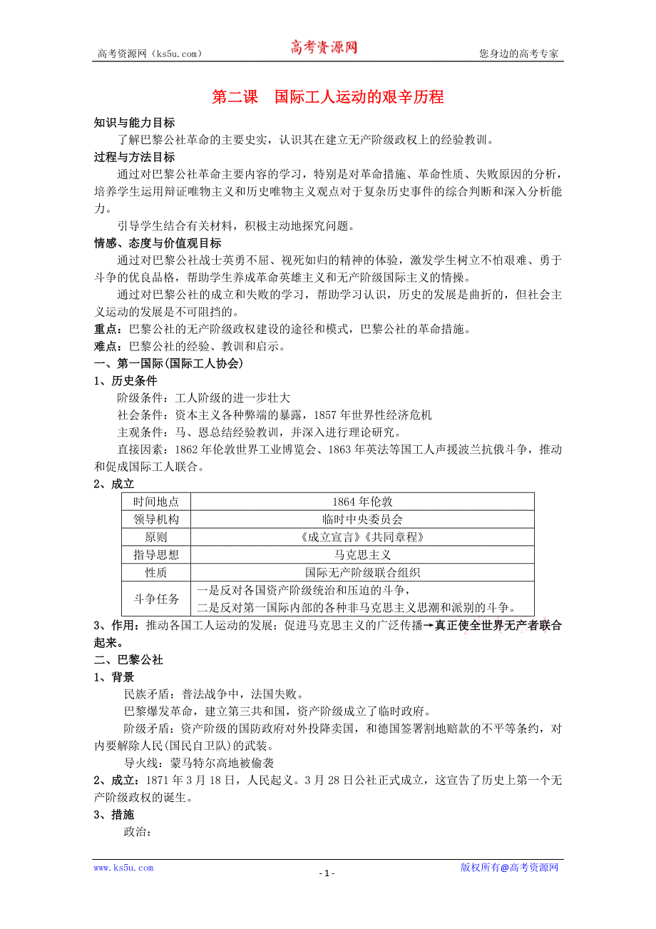 2012年高一历史教案2：8.2 国际工人运动的艰辛历程（人民版必修1）.doc_第1页