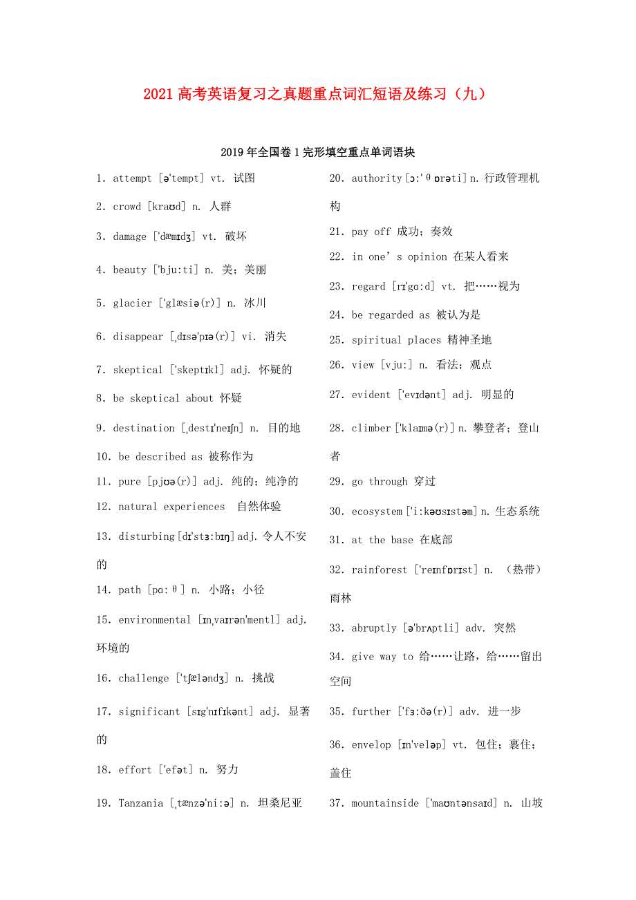 2021届高考英语复习之真题重点词汇短语及练习（九）.doc_第1页