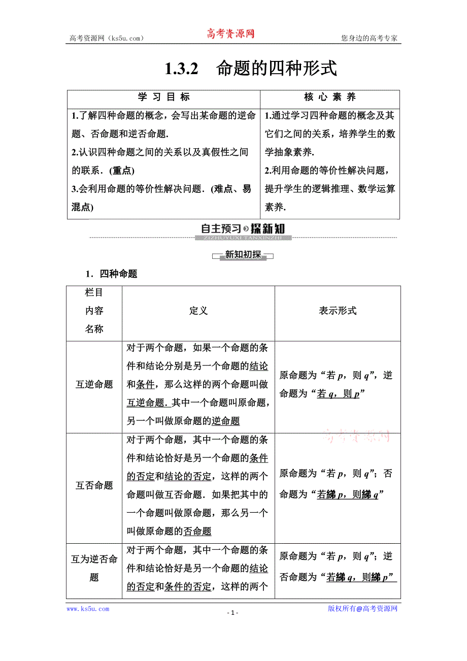 2019-2020学年人教B版数学选修2-1讲义：第1章 1-3 1-3-2 命题的四种形式 WORD版含答案.doc_第1页