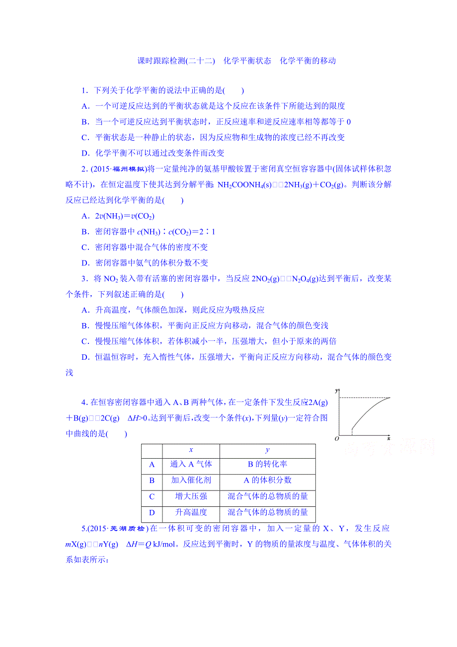 2016届高考化学第一轮复习配套作业：课时跟踪检测(二十二) 化学平衡状态 化学平衡的移动.doc_第1页