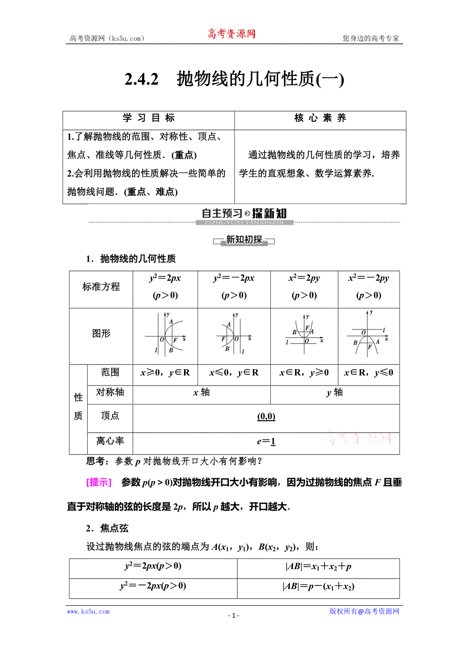 2019-2020学年人教B版数学选修2-1讲义：第2章 2-4 2-4-2 抛物线的几何性质（一） WORD版含答案.doc_第1页