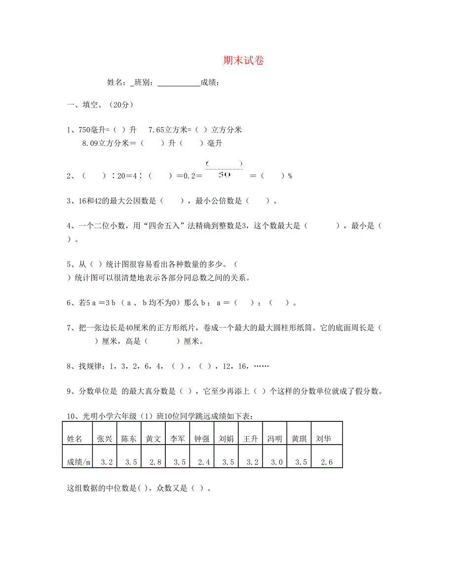 六年级数学下学期期末试题 新人教版.doc_第1页