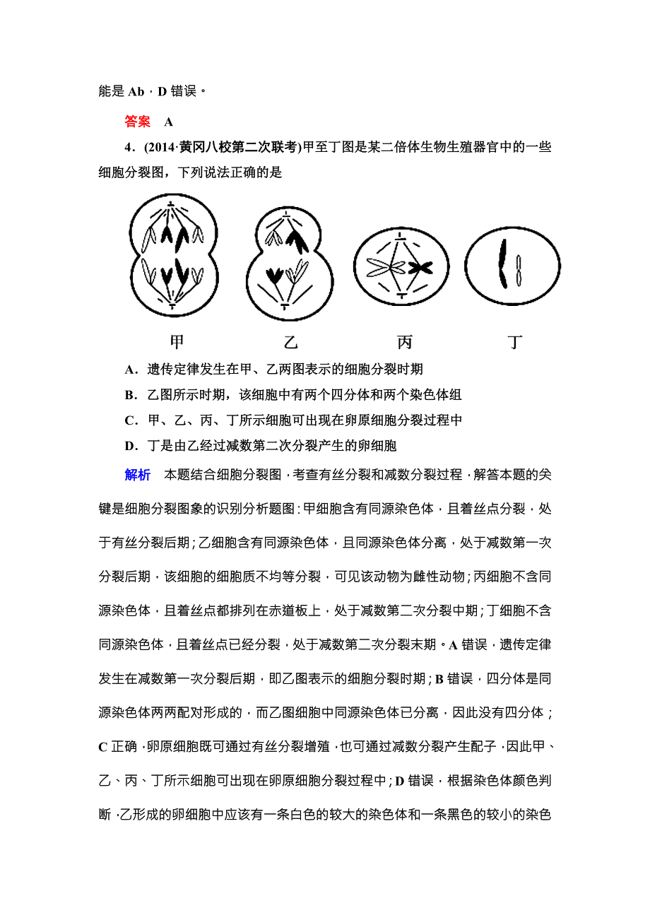 《导学教程》2016届高三生物一轮总复习限时训练：第四单元第三讲减数分裂和受精作用 .doc_第3页