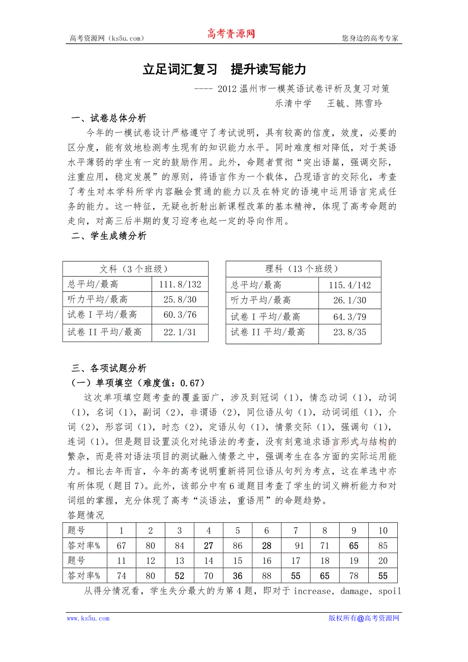 2012年温州市高三英语一模分析交流文稿：11、 立足词汇复习提升读写能力 （一类）.doc_第1页