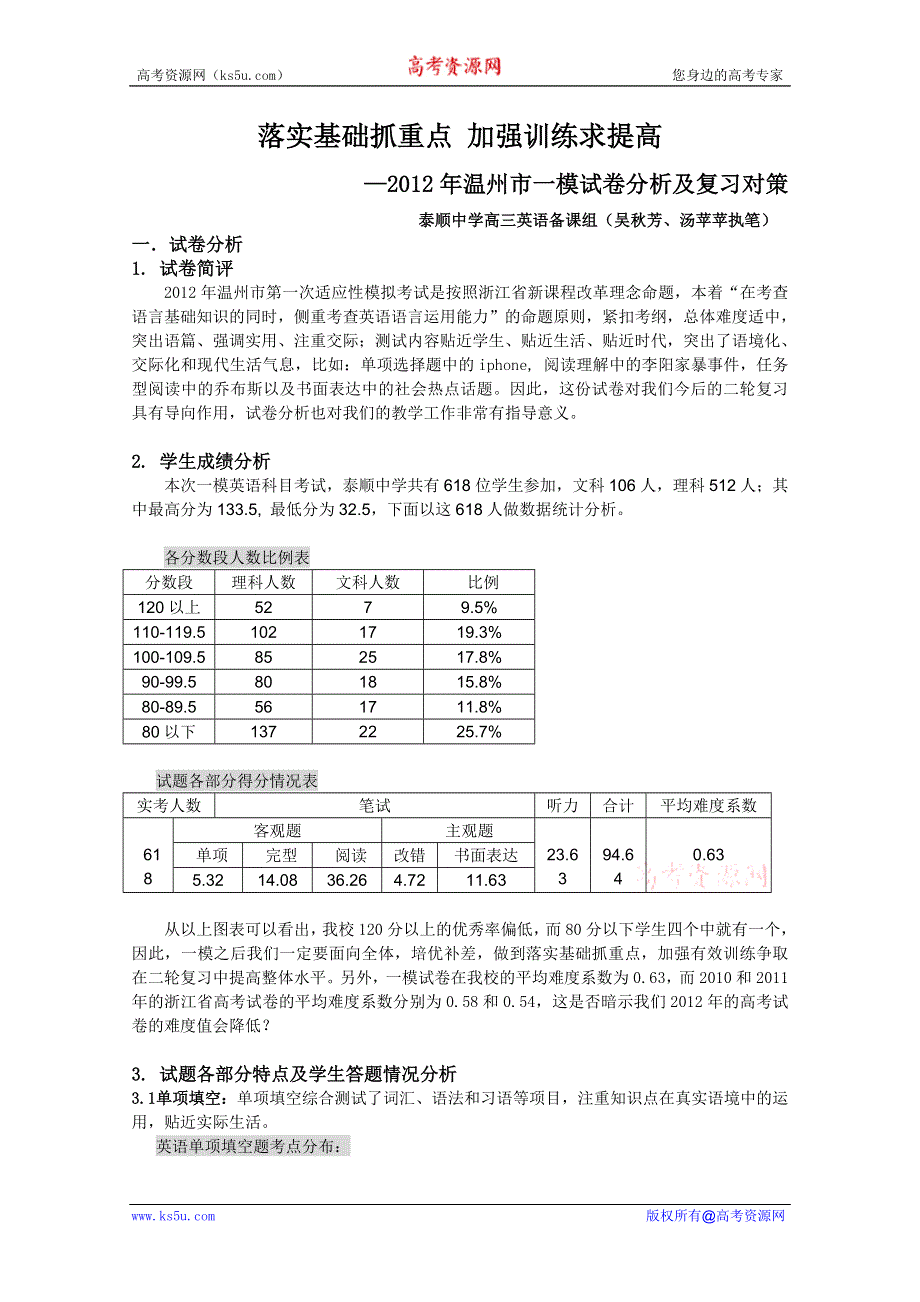 2012年温州市高三英语一模分析交流文稿：12、落实基础抓重点 加强训练求提高（二类）.doc_第1页