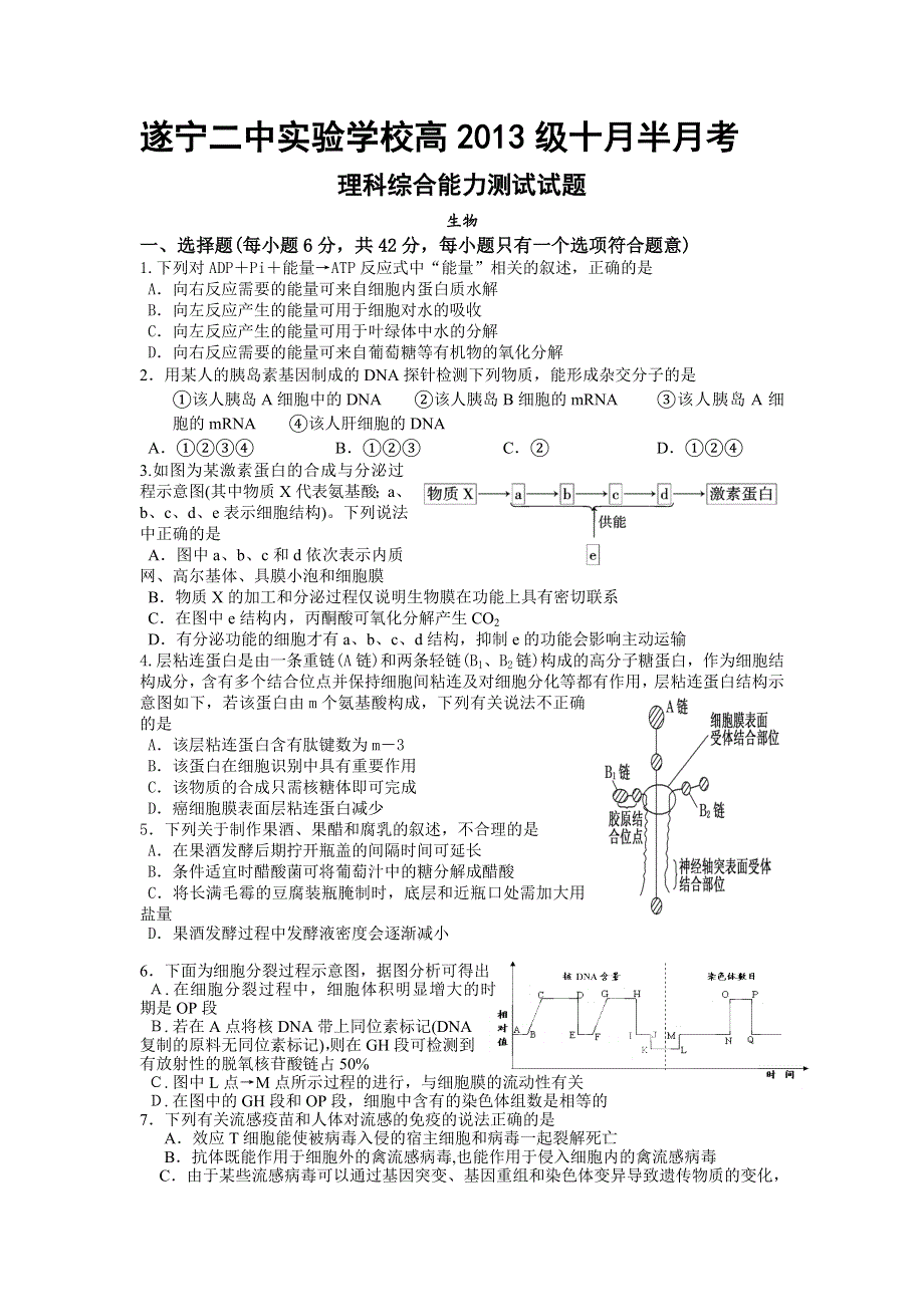 四川省遂宁二中实验学校2013届高三10月半月考试生物试题 WORD版含答案.doc_第1页