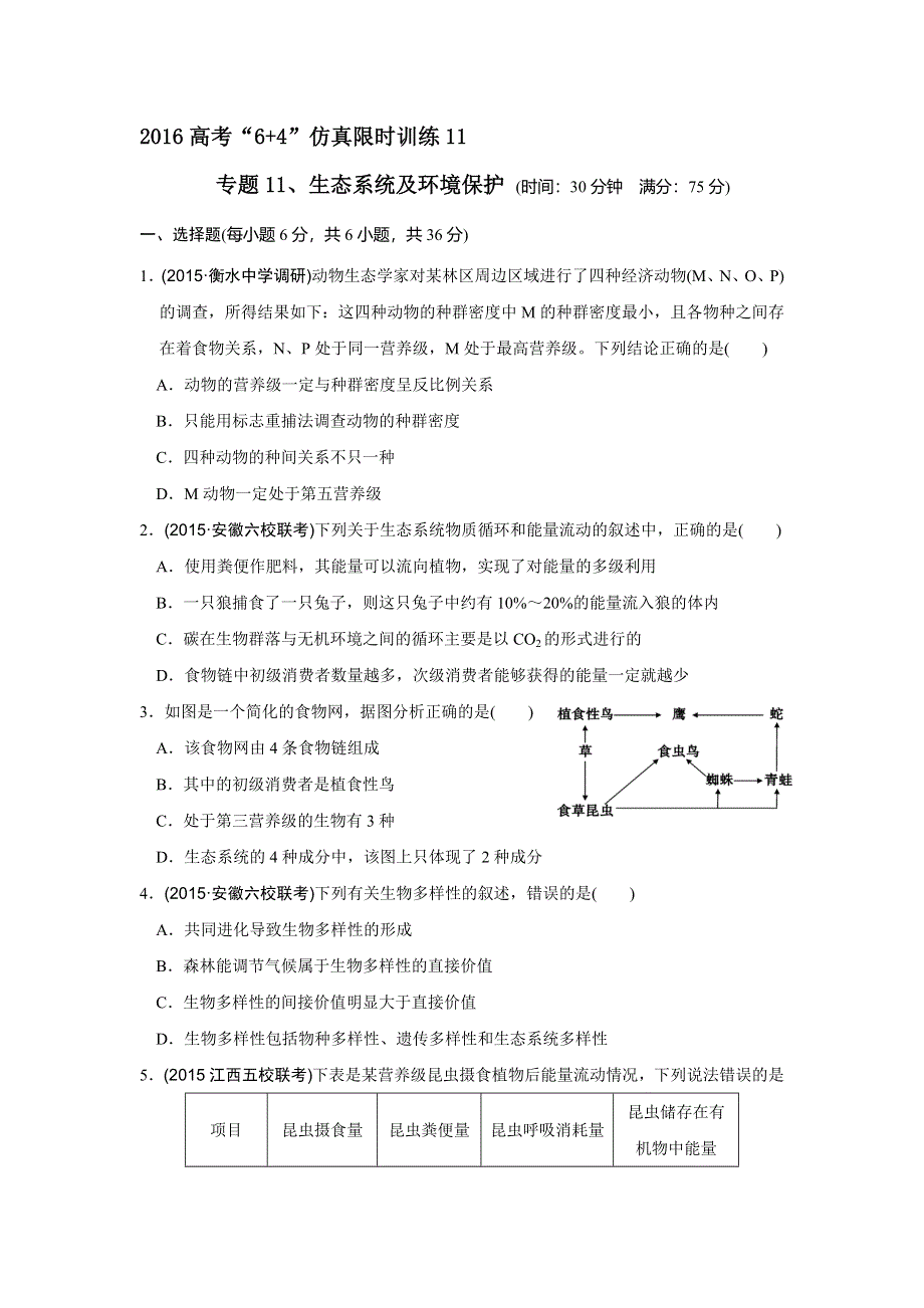 山东省济南外国语学校2016届高三生物专题限时训练：专题11生态系统及环境保护 .doc_第1页