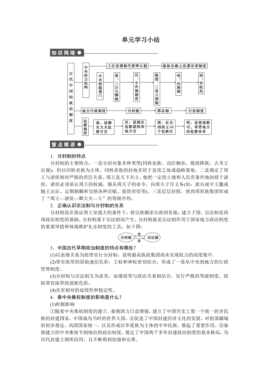 2014-2015学年高一历史人民版必修一对点训练：专题一 单元学习小结 WORD版含解析.doc_第1页