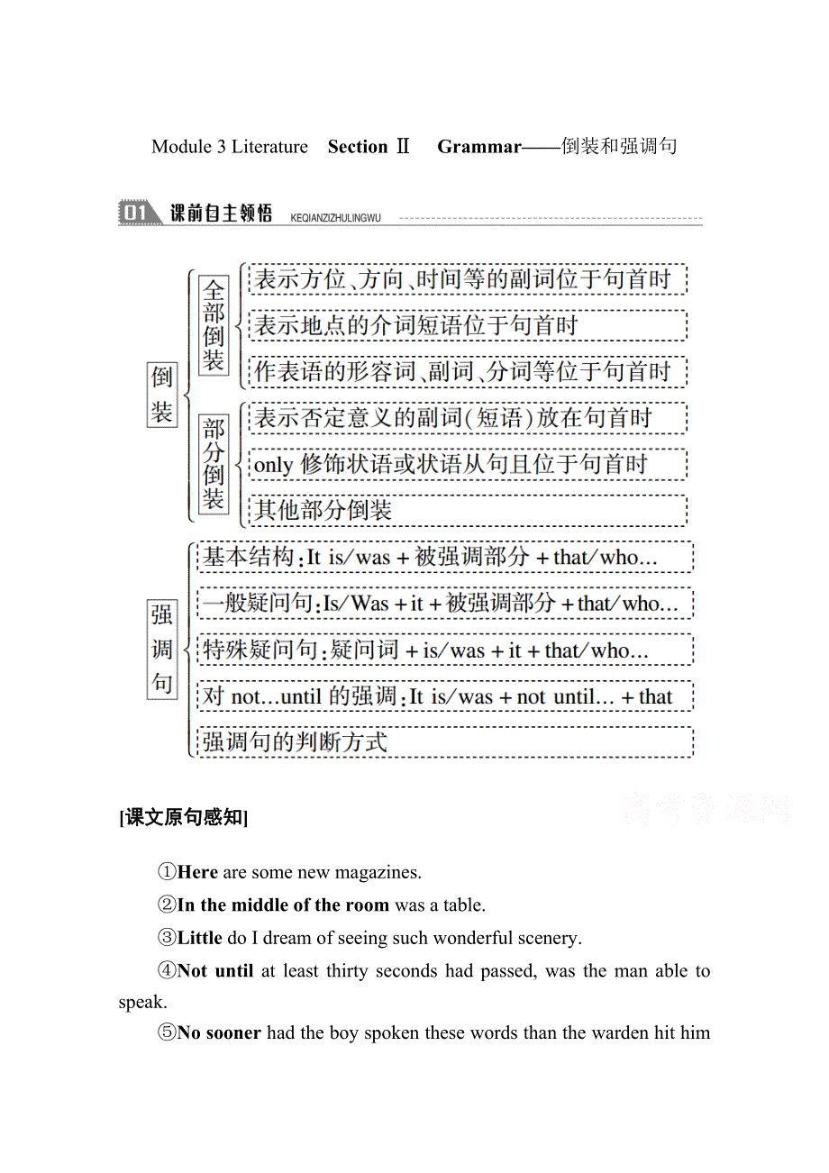 2020秋高二英语外研版选修7学案：MODULE 3 LITERATURE SECTION Ⅱ GRAMMAR——倒装和强调句 WORD版含解析.doc_第1页