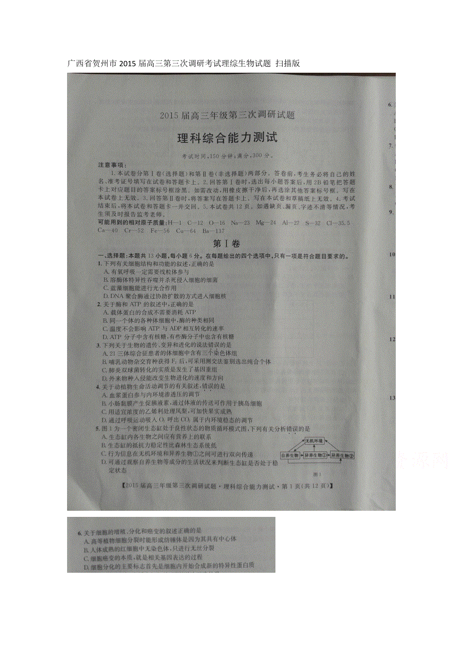 广西省贺州市2015届高三第三次调研考试理综生物试题 扫描版含答案.doc_第1页