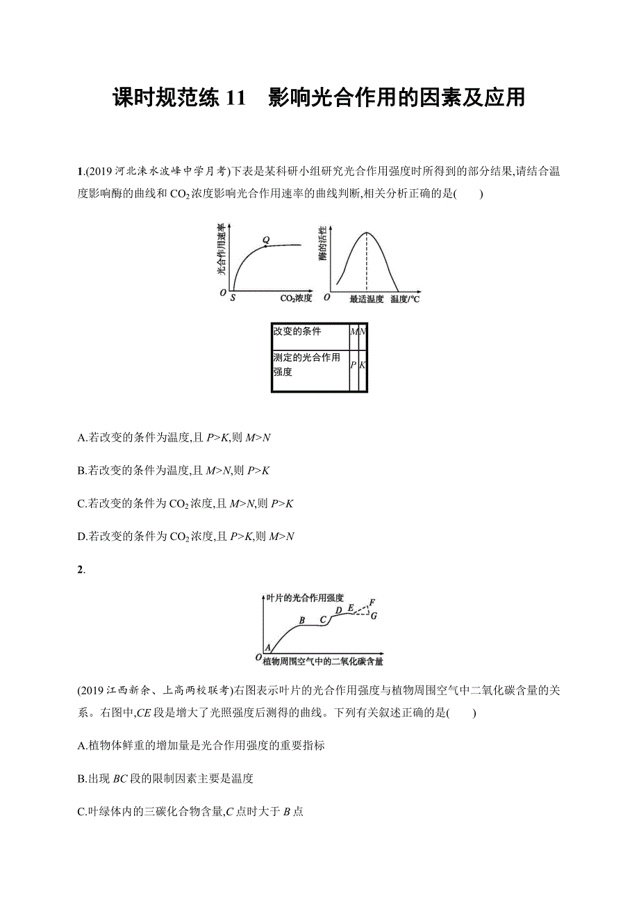 2021版高考人教版生物一轮复习课时规范练11　影响光合作用的因素及应用 WORD版含解析.docx_第1页