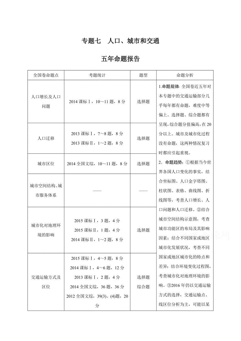 2016届高考地理二轮复习 第二部分 专题七 人口、城市和交通 讲义.doc_第1页