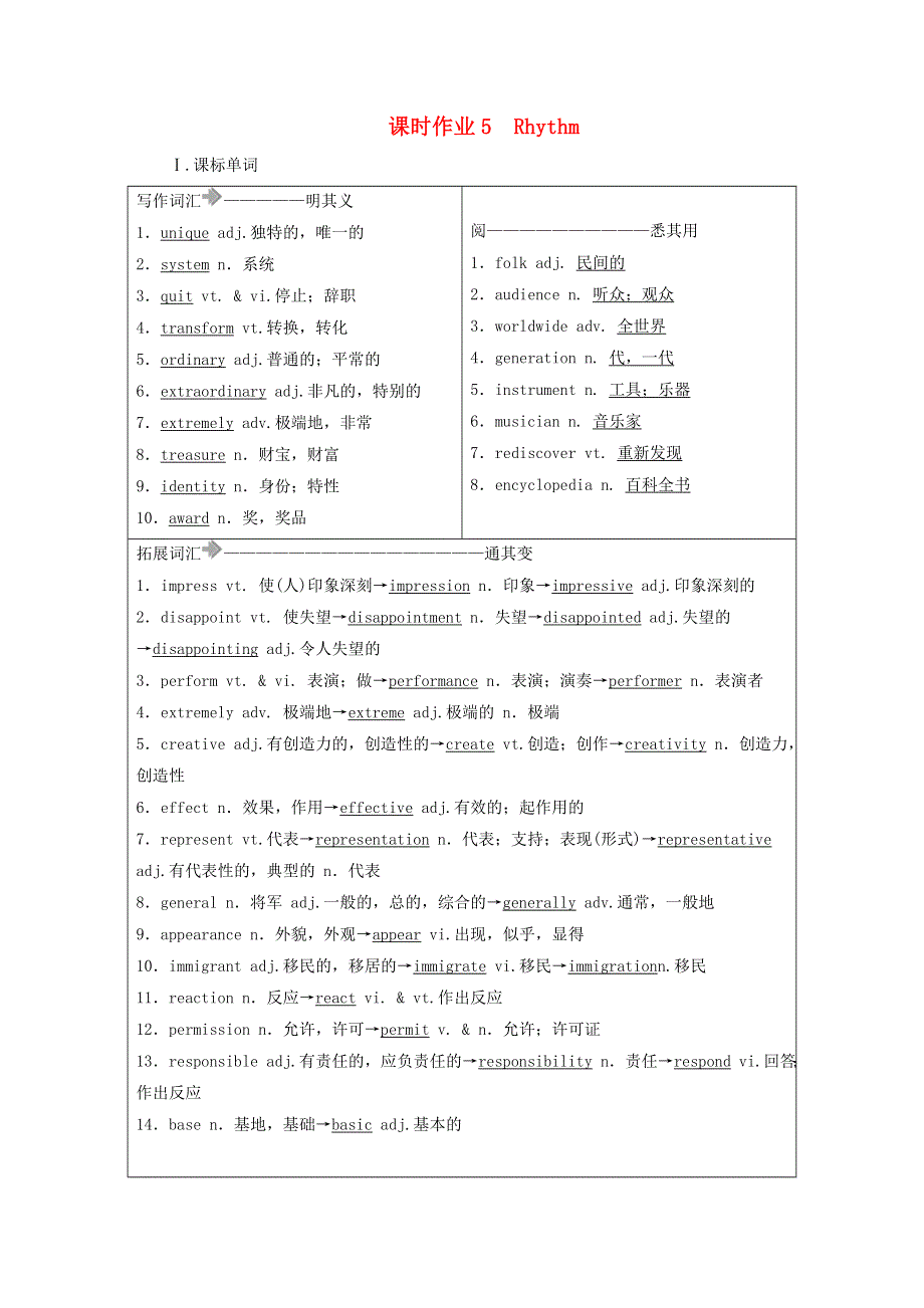 2021届高考英语大一轮复习 Unit 5 Rhythm课时作业5a 北师大版必修2.doc_第1页