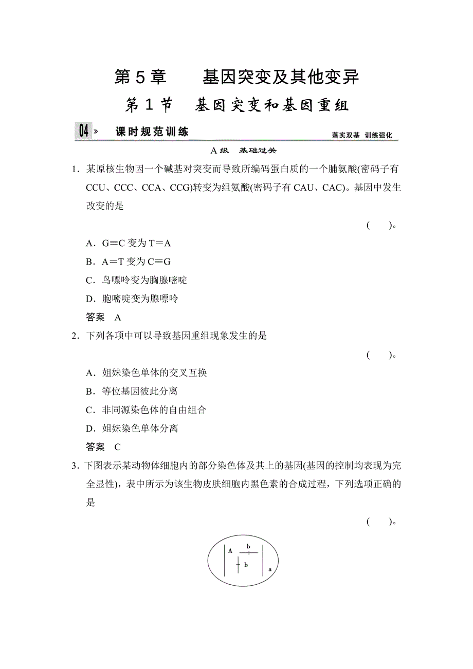 2014-2015学年高一生物人教版必修2课时规范训练：5-1 基因突变和基因重组 WORD版含解析.doc_第1页