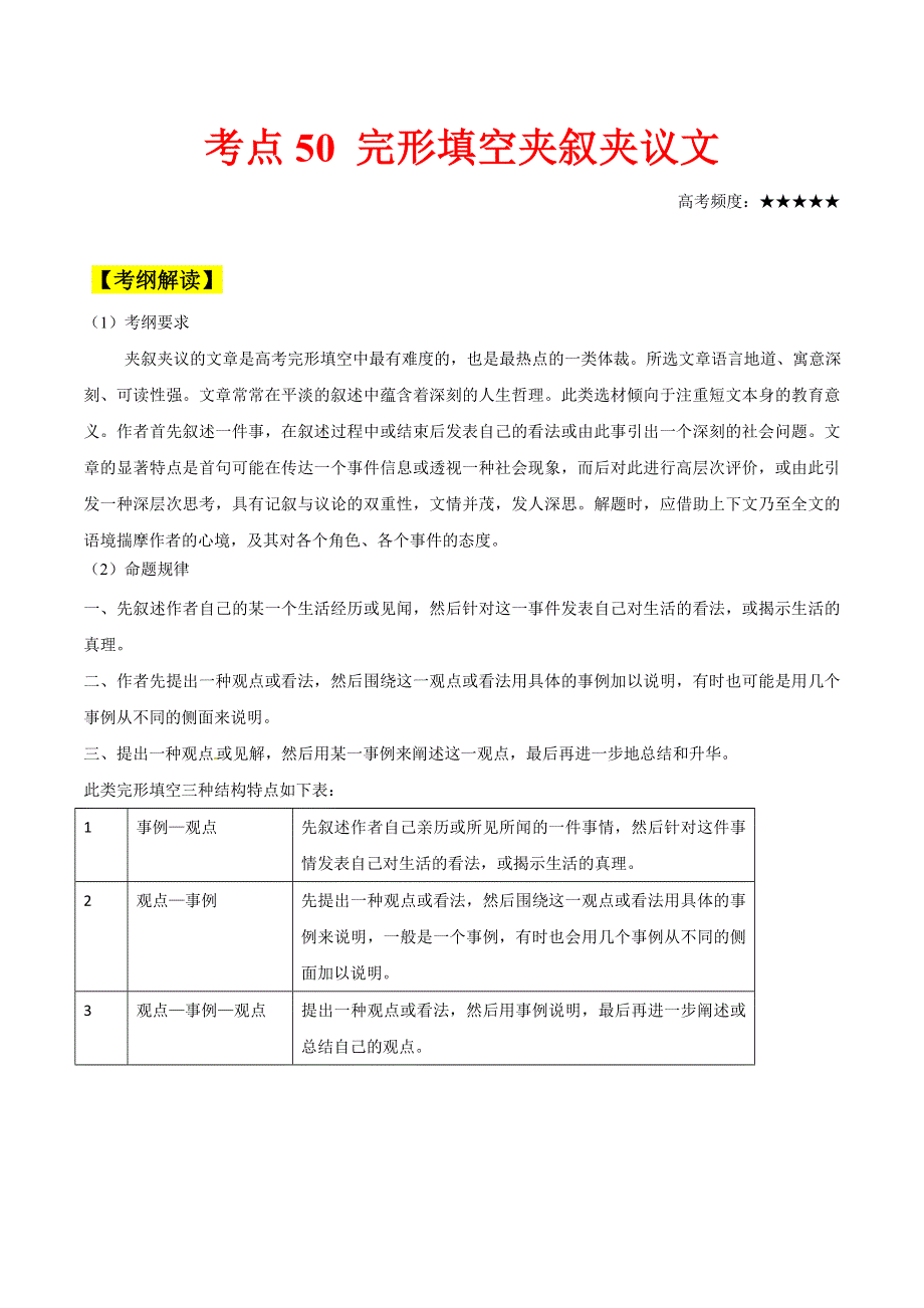 2021届高考英语通用版一轮复习考点专讲：考点50 完形填空夹叙夹议文 学案 WORD版含解析.doc_第1页