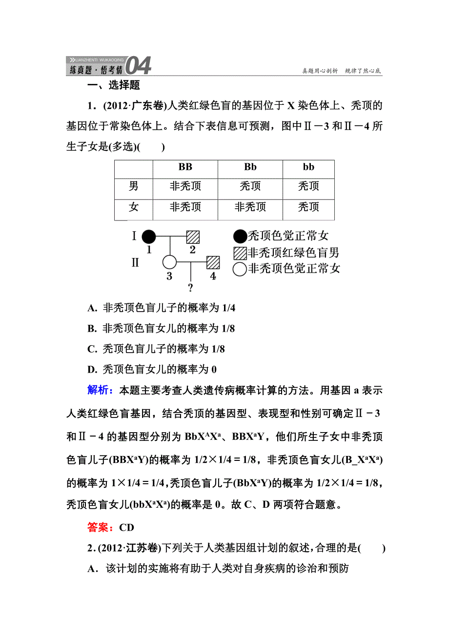 《红对勾》2015高考生物（人教版）一轮高考真题练习：必修2 第5章 第3节　人类遗传病.DOC_第1页