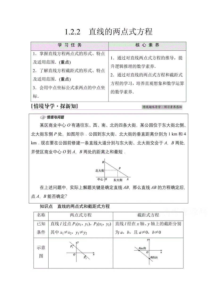 新教材2021-2022学年苏教版数学选择性必修第一册学案：第1章 1-2　1-2-2　直线的两点式方程 WORD版含答案.doc_第1页