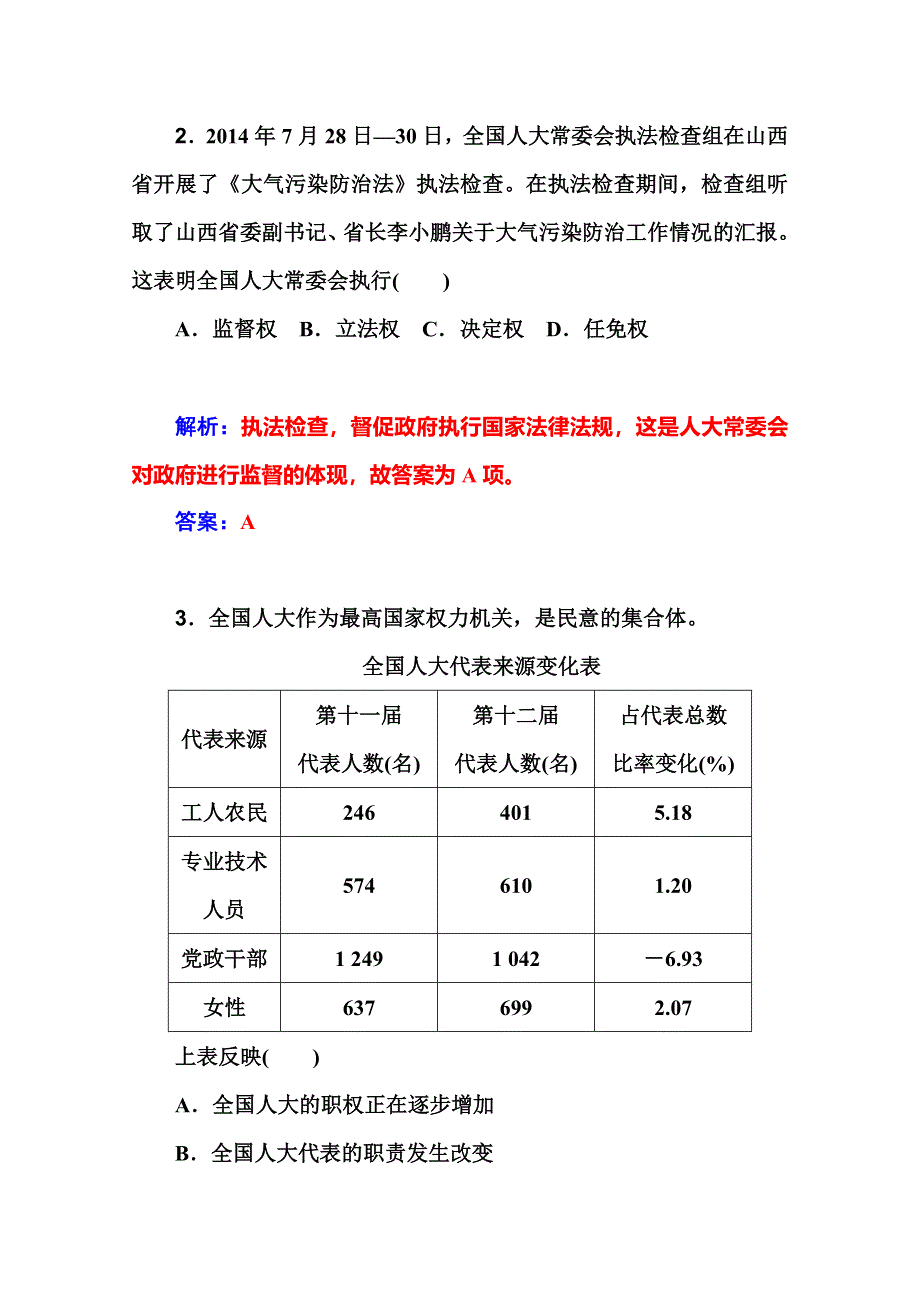 2016届高考政治一轮复习课时作业：必修2 第5课　我国的人民代表大会制度 .doc_第2页