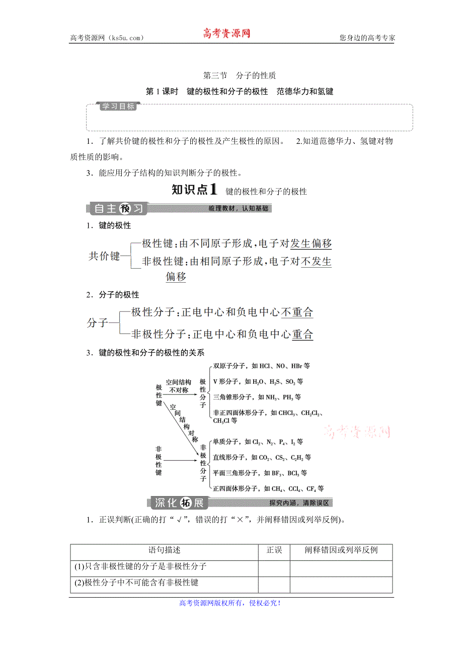 2019-2020学年人教版化学选修三江苏专用学案：第二章 第三节　第1课时　键的极性和分子的极性　范德华力和氢键 WORD版含答案.doc_第1页