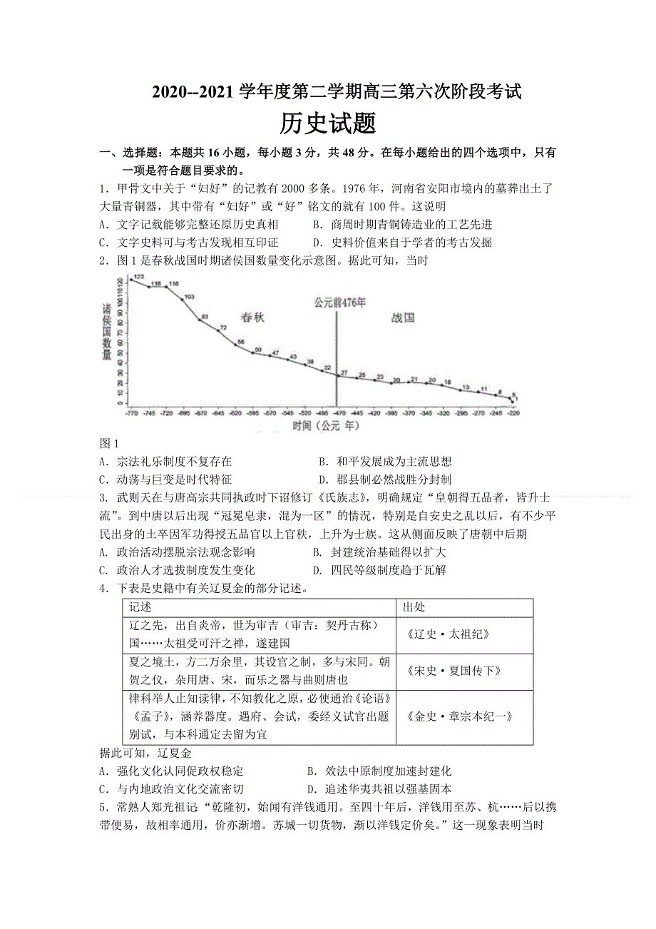 广东省惠来县第一中学2021届高三下学期第六次阶段考试历史试题 WORD版含答案.doc_第1页