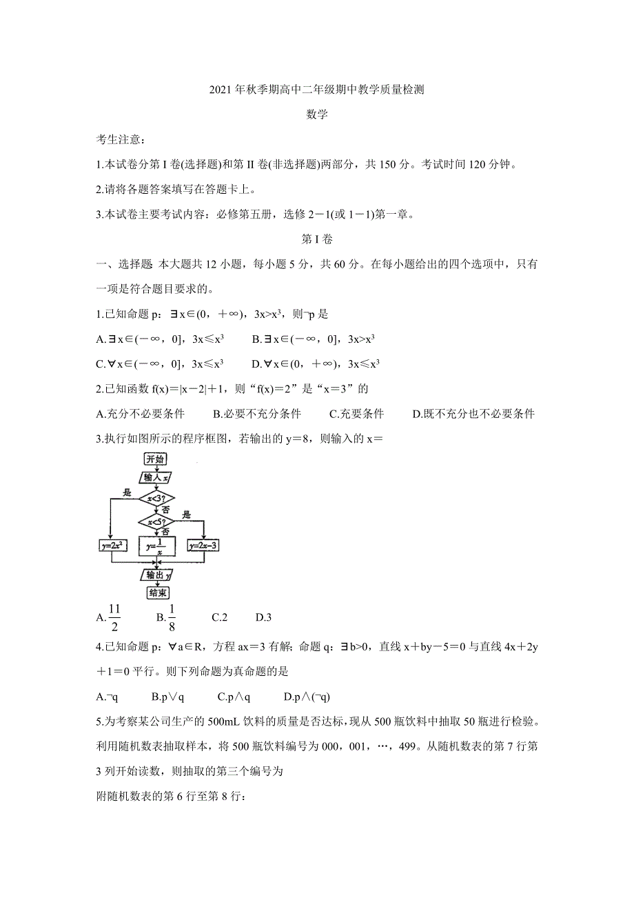 广西贵港市平南县2021-2022学年高二上学期期中教学质量检测 数学 WORD版含答案BYCHUN.doc_第1页