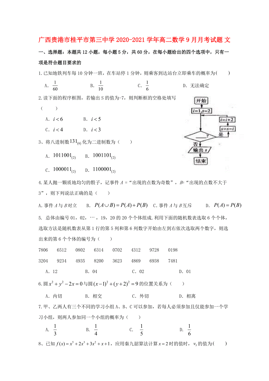 广西贵港市桂平市第三中学2020-2021学年高二数学9月月考试题 文.doc_第1页