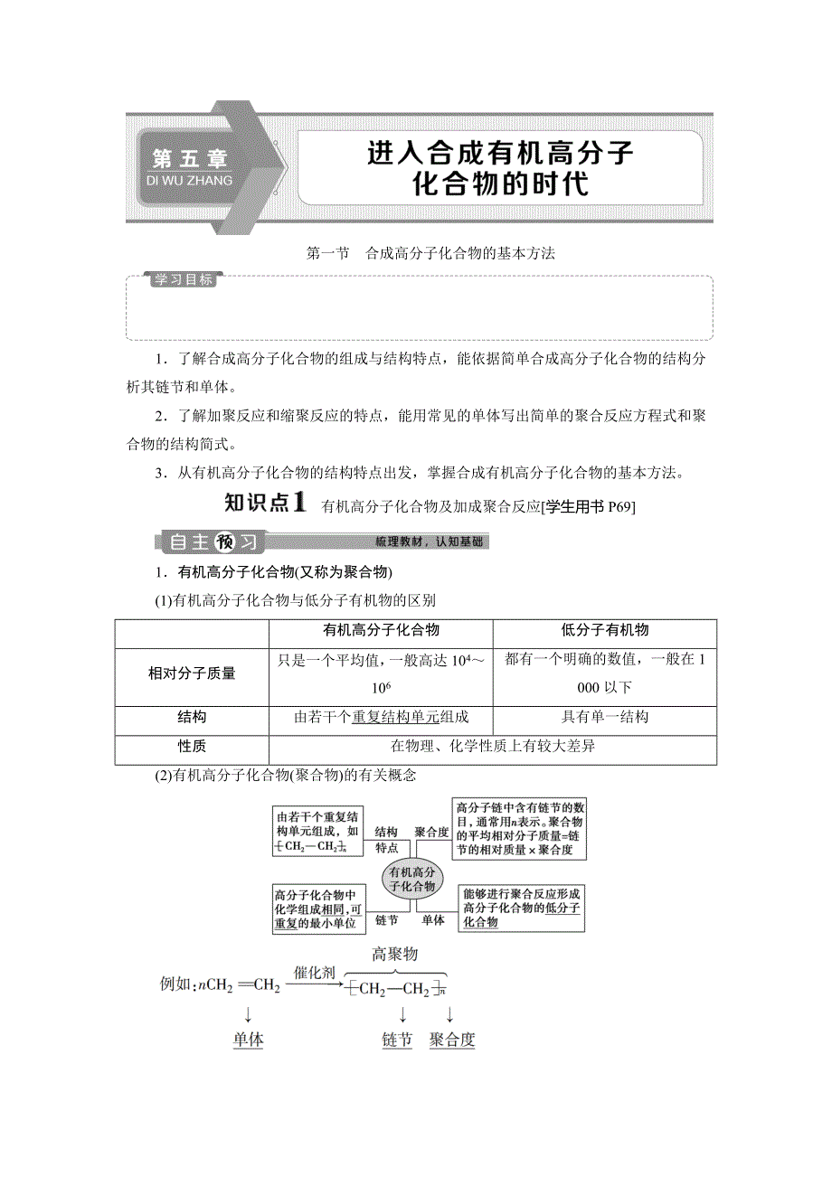 2019-2020学年人教版化学选修五新素养同步讲义：第五章 第一节　合成高分子化合物的基本方法 WORD版含答案.doc_第1页