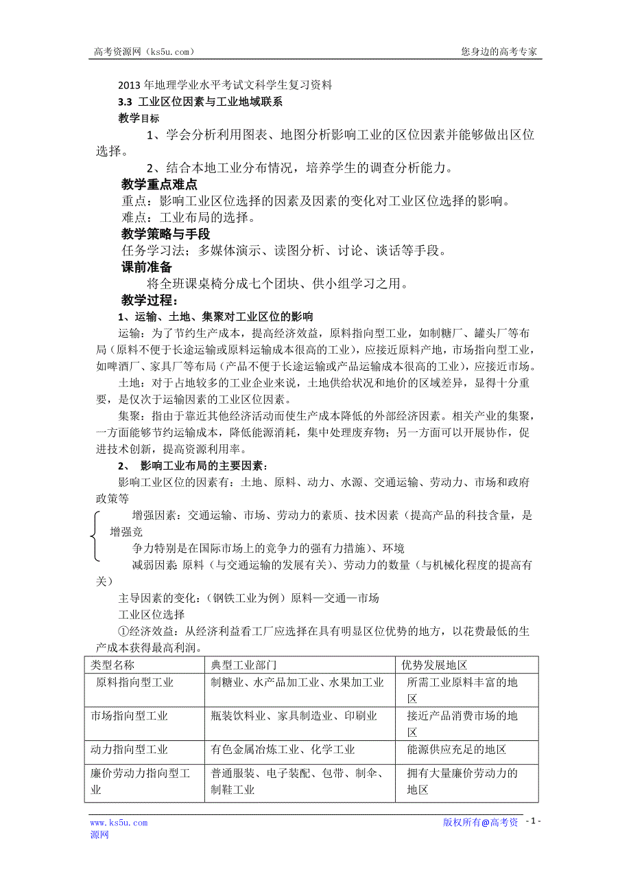 《原创》2013年高二地理学业水平考试文科学生复习学案（湘教版）3.3 工业区位因素与工业地域联系 (30).doc_第1页