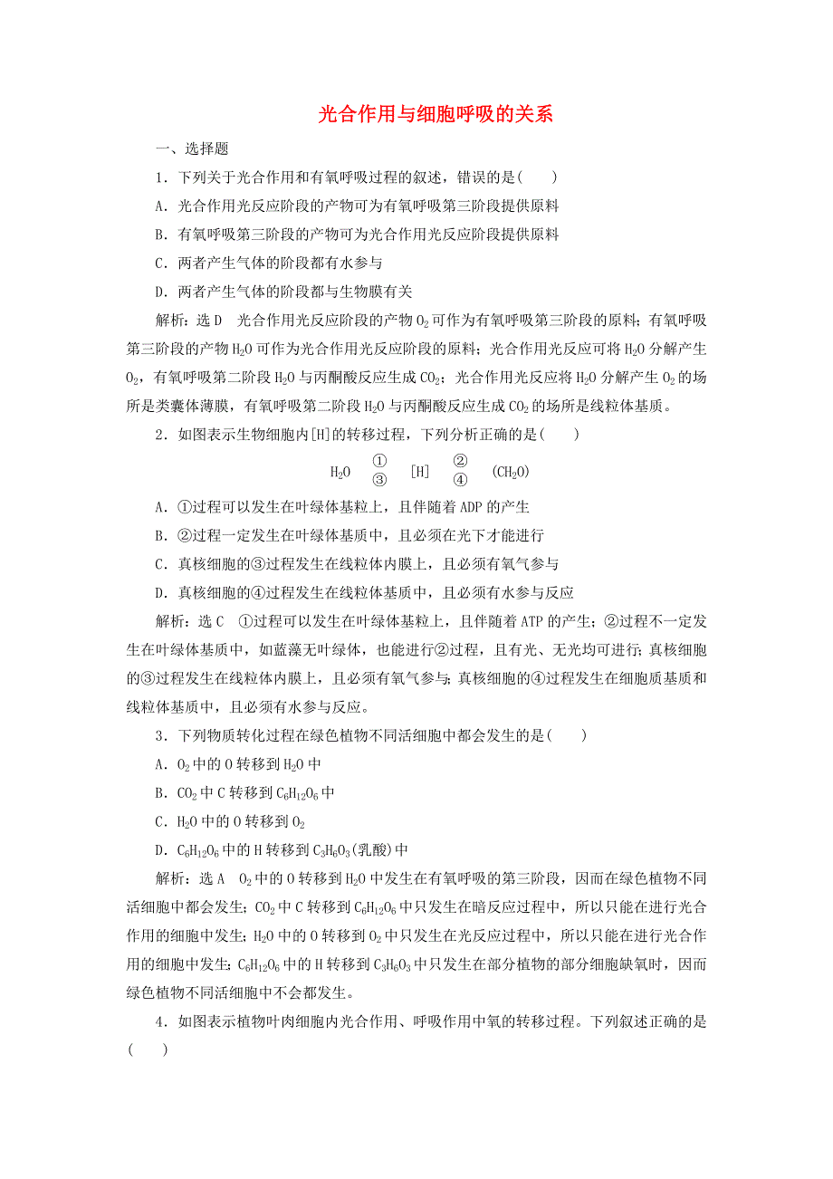 2022届高考生物总复习 课时达标能力检测试卷（十一）光合作用与细胞呼吸的关系（含解析）.doc_第1页