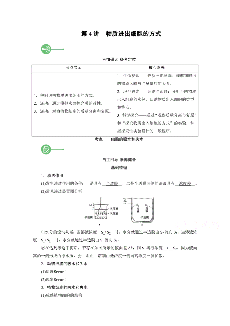 2022届高考生物（人教版）一轮总复习学案：必修1 第二单元 第4讲　物质进出细胞的方式 WORD版含答案.doc_第1页