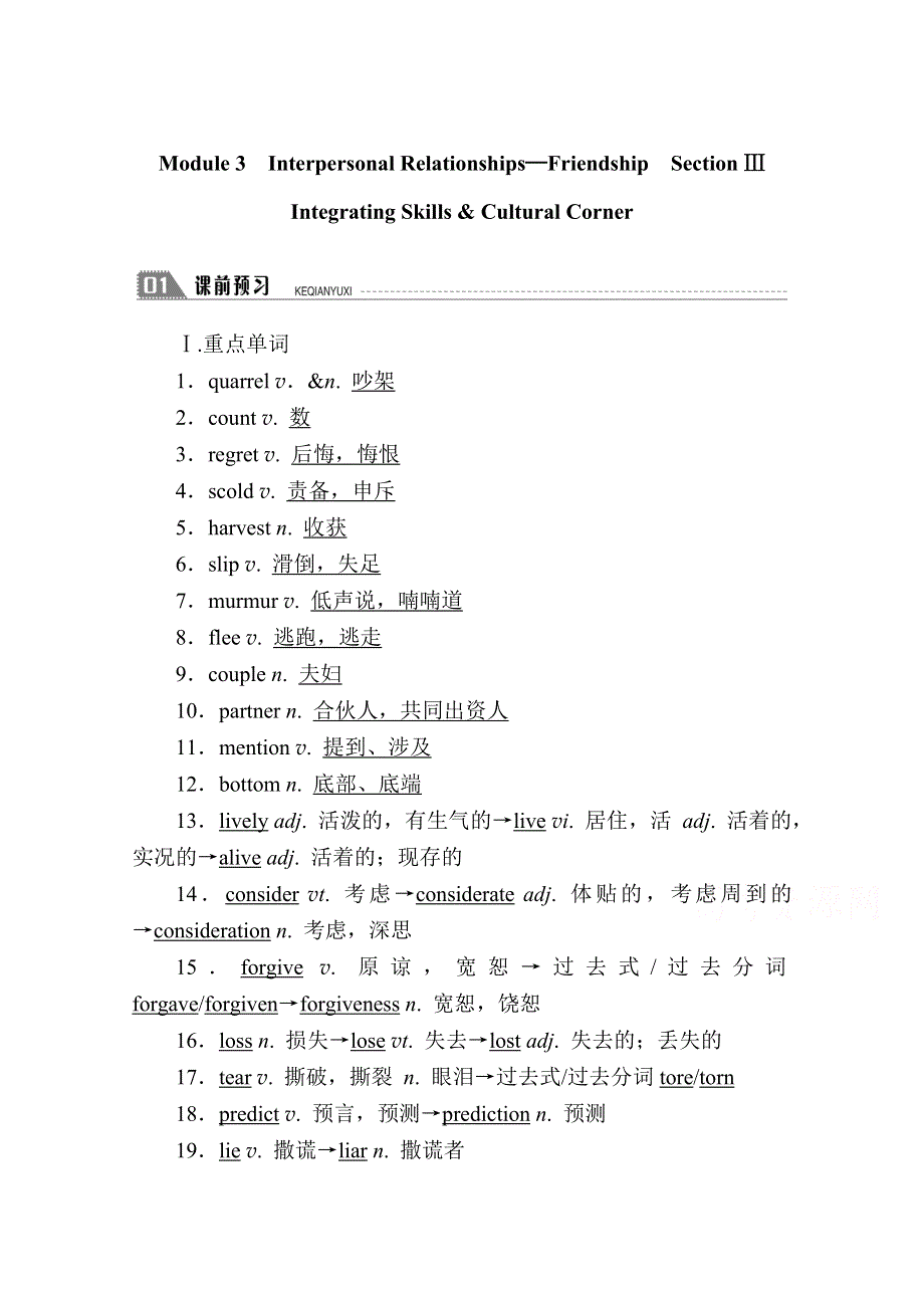 2020秋高二英语外研版选修6学案：MODULE 3　INTERPERSONAL RELATIONSHIPS—FRIENDSHIP SECTION Ⅲ　INTEGRATING SKILLS & CULTURAL CORNER WORD版含解析.doc_第1页