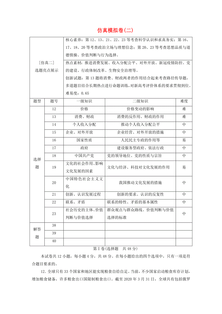 （统考版）2021高考政治二轮复习 仿真模拟卷2（含解析）.doc_第1页