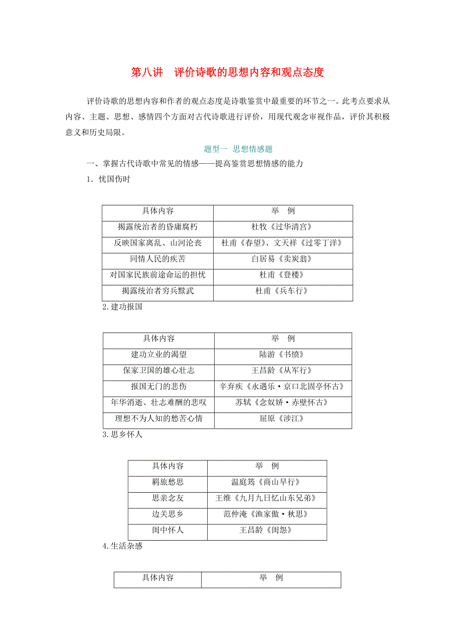 2021届高考语文一轮复习 第二部分 古代诗文阅读 专题二 古代诗歌阅读 板块二 第八讲 评价诗歌的思想内容和观点态度练习（含解析）.doc_第1页