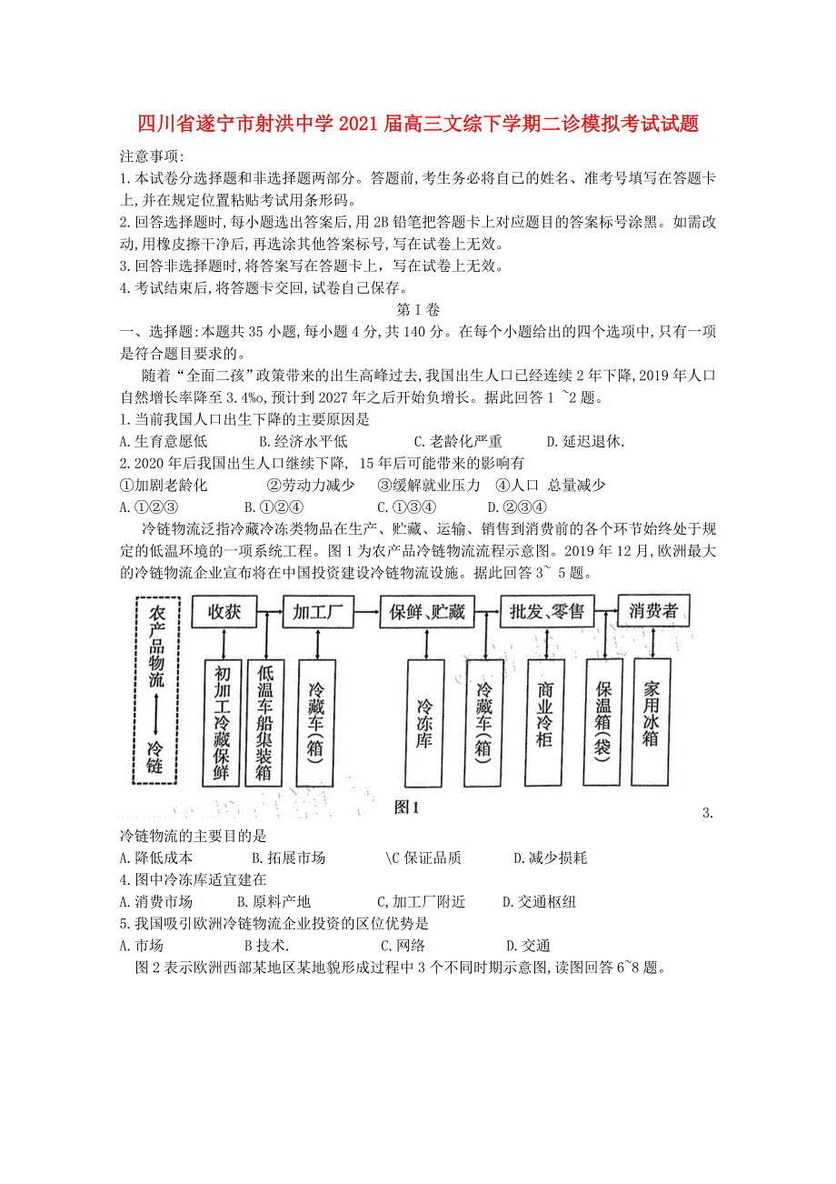 四川省遂宁市射洪中学2021届高三文综下学期二诊模拟考试试题.doc_第1页