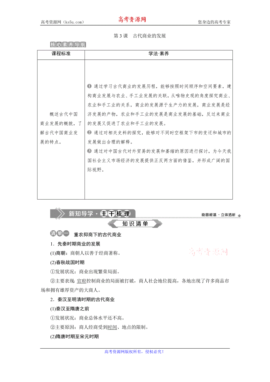 2019-2020学年人教版历史必修二讲义：第3课　古代商业的发展 WORD版含答案.doc_第1页