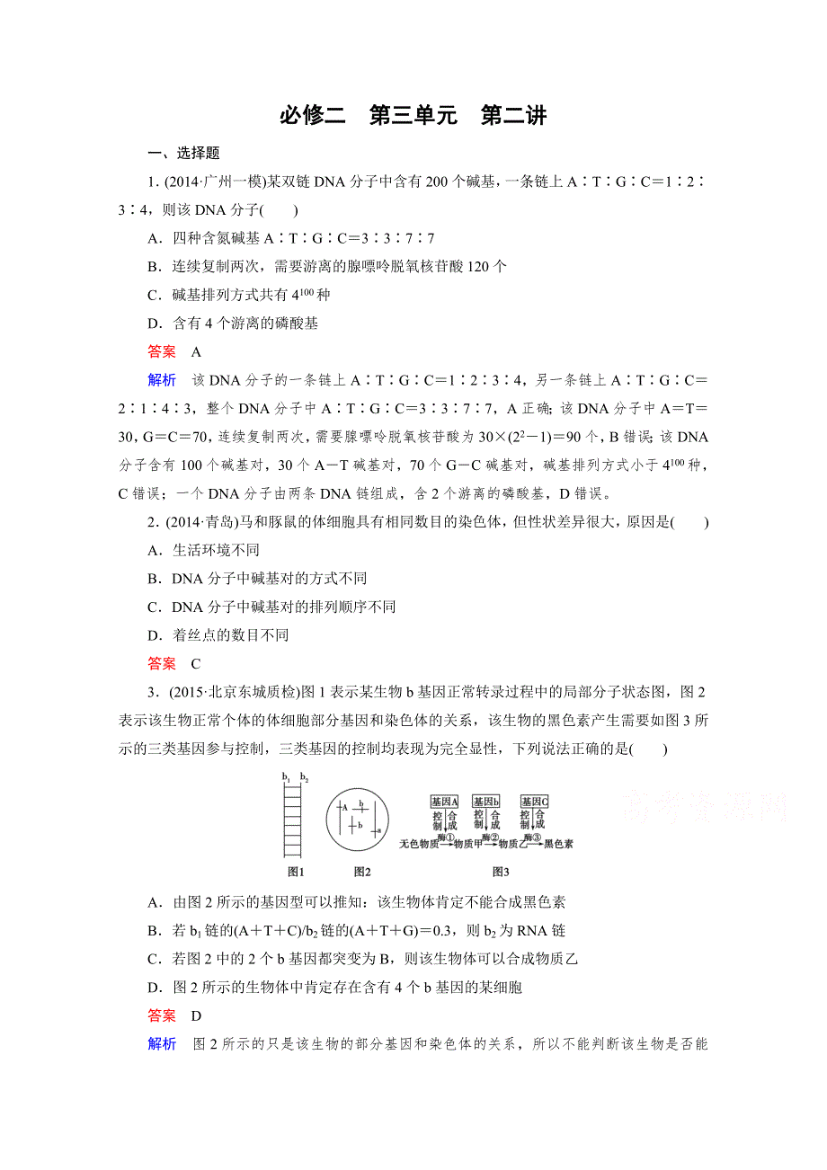 2016届高考生物一轮复习习题：必修2 第3单元 第2讲DNA分子的结构、复制与基因是有遗传效应的DNA片段.doc_第1页