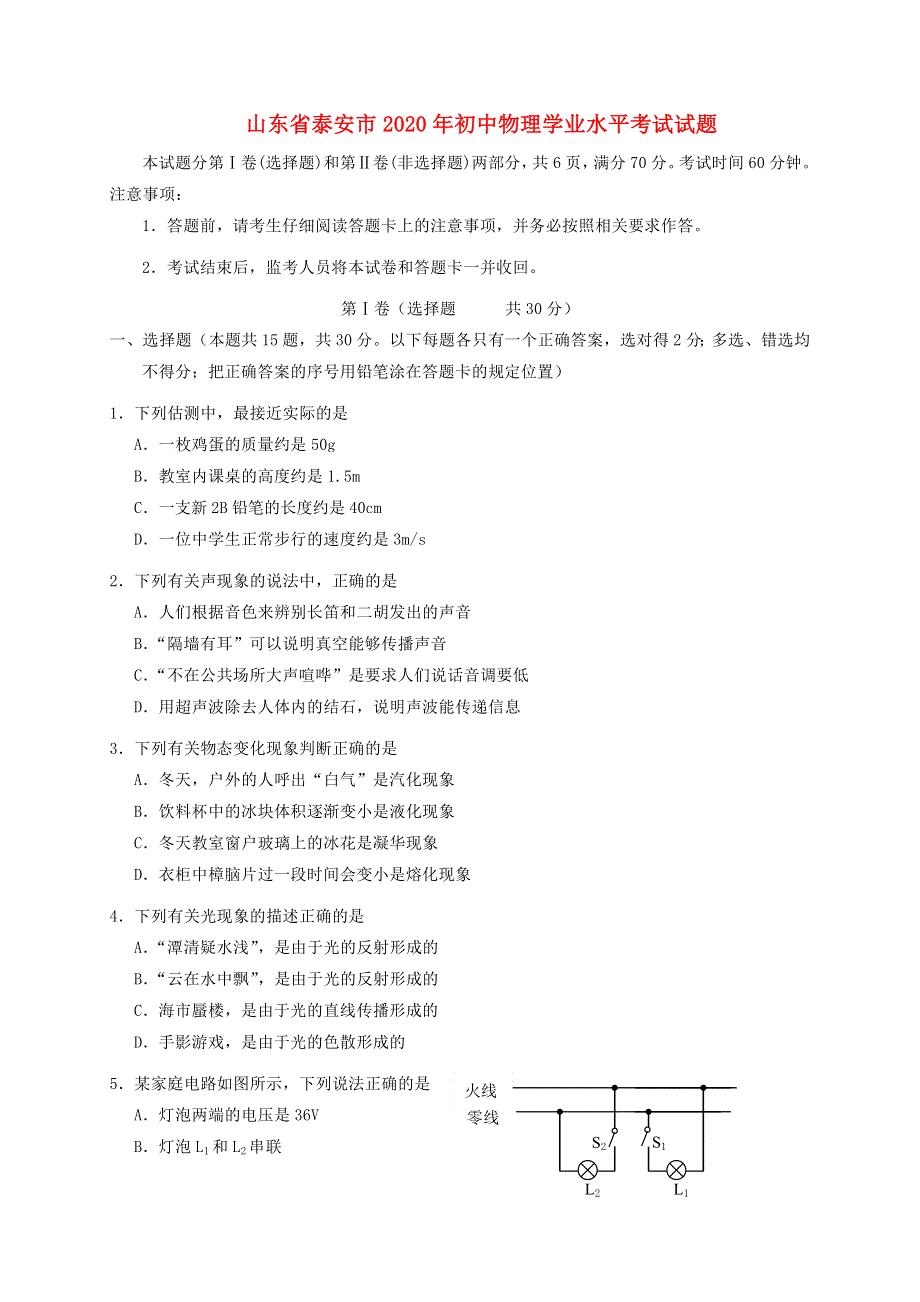 山东省泰安市2020年初中物理学业水平考试试题.docx_第1页