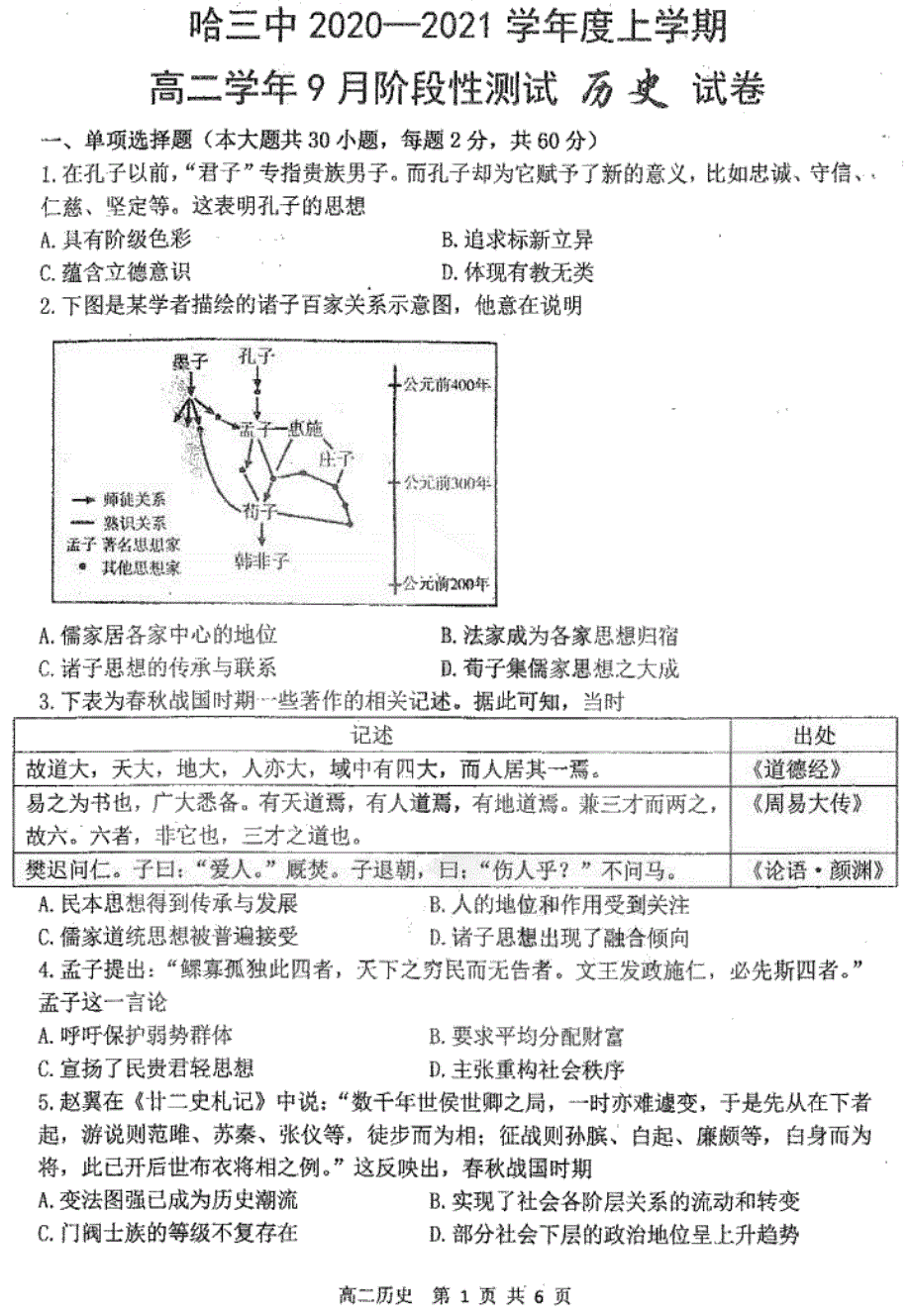 黑龙江省哈尔滨市三中2020-2021学年高二上学期9月阶段性测试历史试卷 PDF版含答案.pdf_第1页