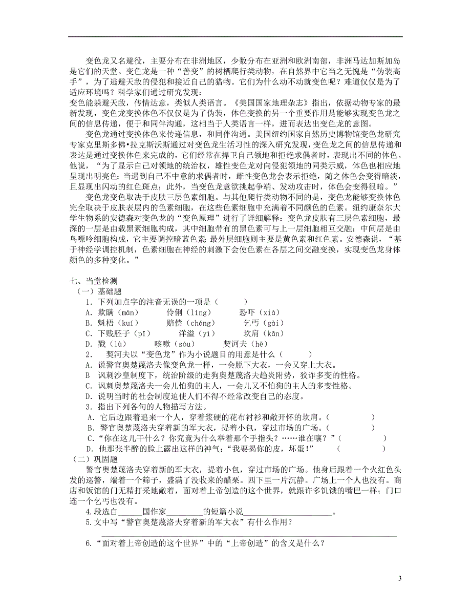 山东省泰安市新泰2022九年级语文下册 7《变色龙》学案（答案不全） 新人教版.docx_第3页