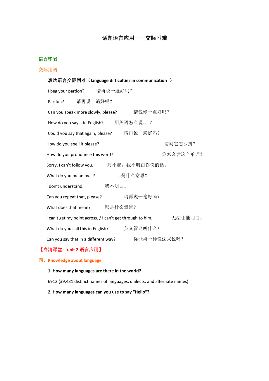 北京四中高中英语（新人教版必修1）同步学案：UNIT2话题语言运用_交际困难.doc_第1页