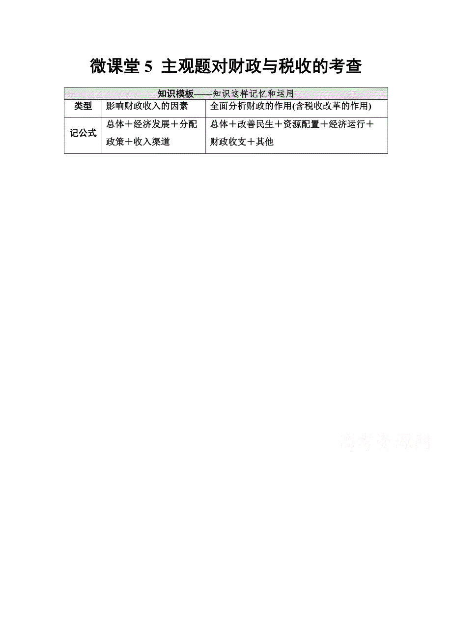 2022届高考统考政治人教版一轮复习教师用书：必修1 第3单元 微课堂5 主观题对财政与税收的考查 WORD版含解析.doc_第1页