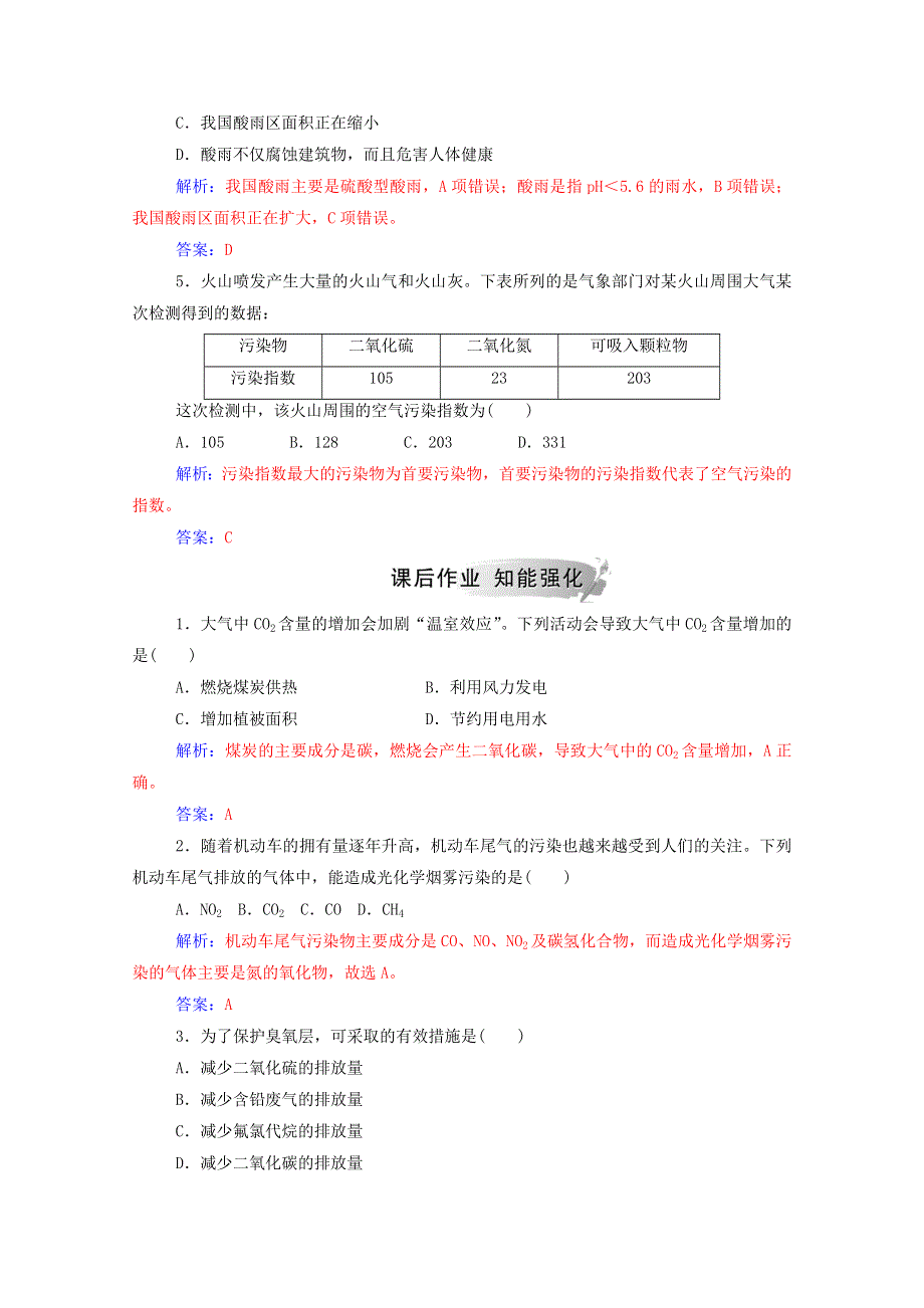 2020高中化学 主题1 呵护生存环境 课题1 关注空气质量课堂演练（含解析）鲁科版选修1.doc_第2页