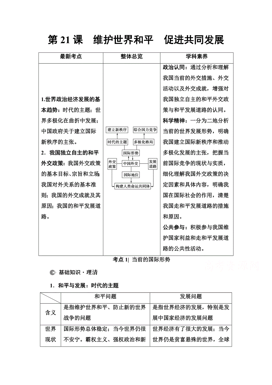 2022届高考统考政治人教版一轮复习教师用书：必修2 第8单元 第21课　维护世界和平　促进共同发展 WORD版含解析.doc_第1页